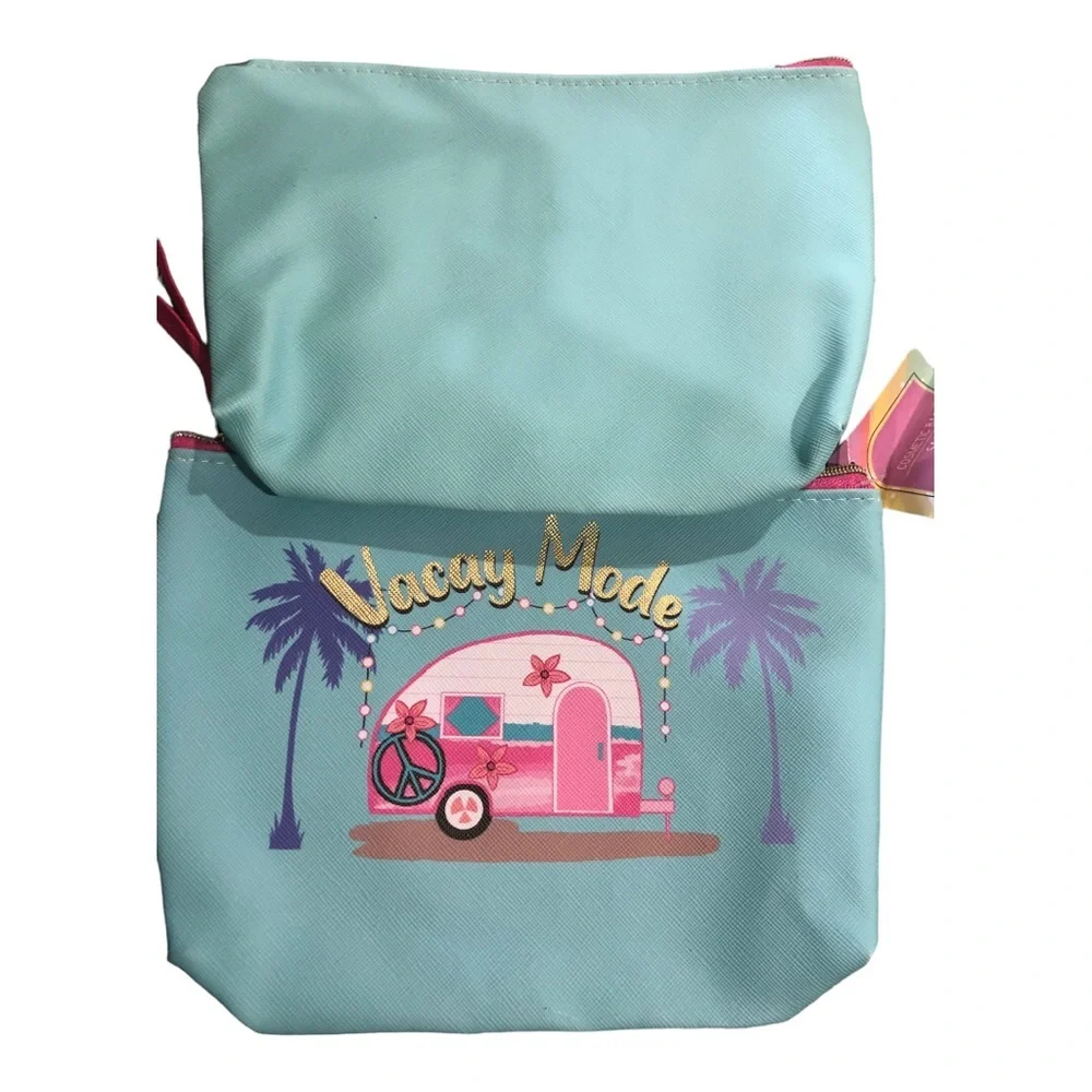 2pack blue vacay mode makeup cosmetics bag pouch case‎ new FREE